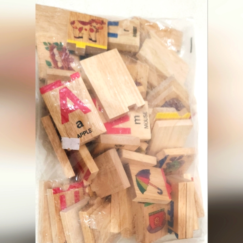 Bag of Vintage Wooden Alphabet & Pictures Connecting Tiles
